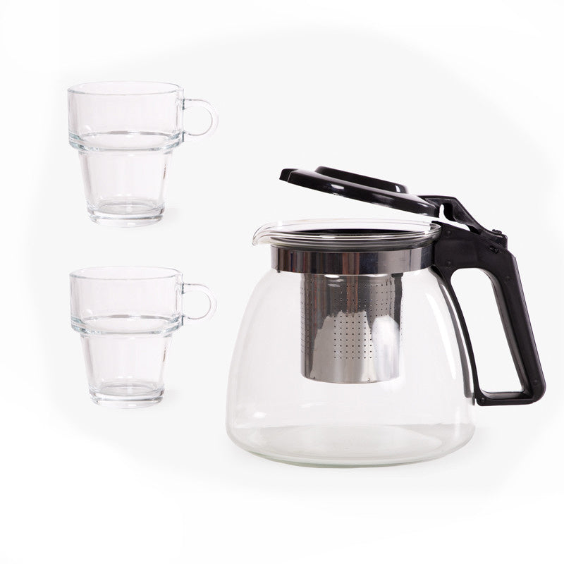3-piece 900 ml teapot and 2 glass cups of 270 ml