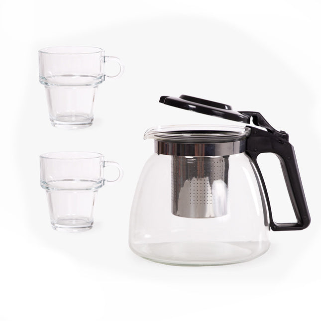 3-piece 900 ml teapot and 2 glass cups of 270 ml