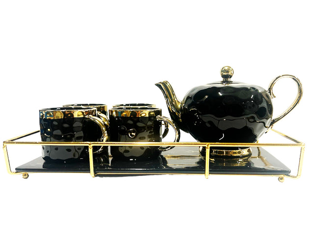 Porseleinen theeservies met gouden rand – theepot, 6 kopjes en dienblad – foto 2