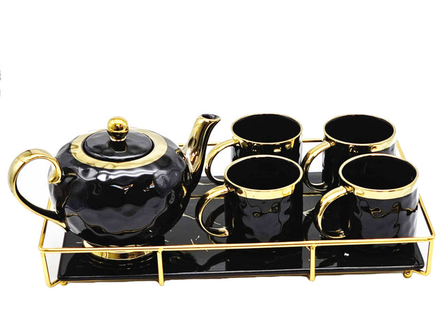 Porseleinen theeservies met gouden rand – theepot, 6 kopjes en dienblad