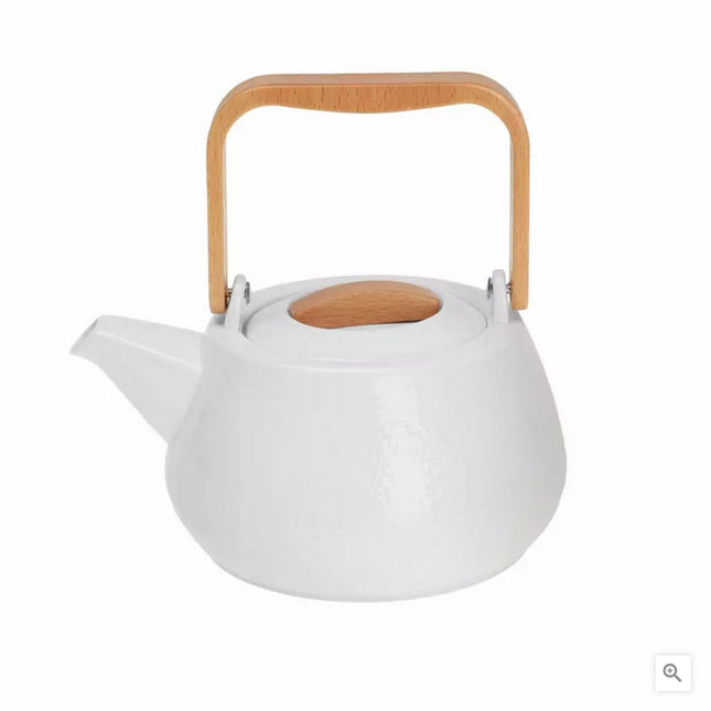 Théière en porcelaine - 1,2 litre, design élégant avec anse en bois de hêtre - Parfaite pour les amateurs de thé
