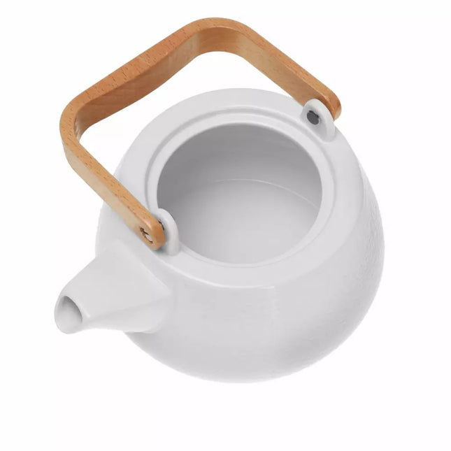 Théière en porcelaine - 1,2 litre, design élégant avec anse en bois de hêtre - Parfaite pour les amateurs de thé