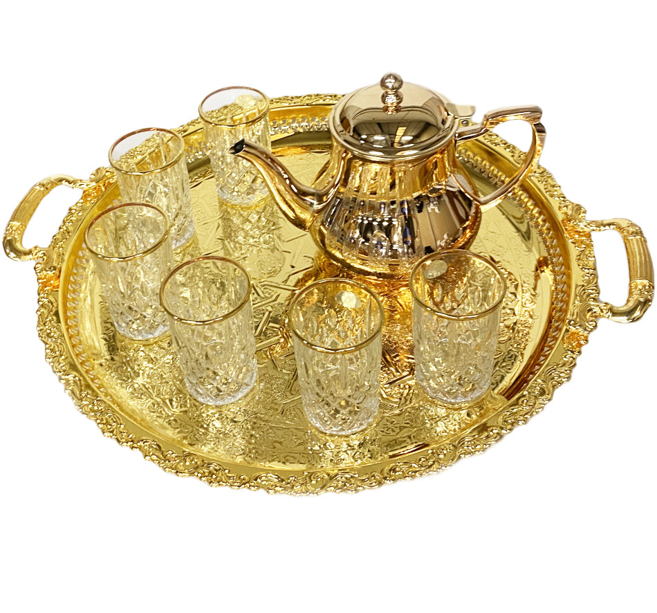 Marokkaanse familie theeset goud – theepot 1,5 l, dienblad Ø 45 cm, 6 glazen