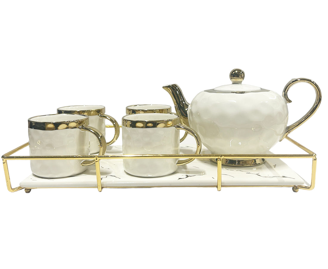 Porseleinen theeservies met gouden rand – theepot, 6 kopjes en dienblad – foto 4