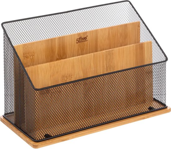5Five tijdschriftcassette van hout en mesh – lectuurbak zwart, 29 x 14 x 20 cm
