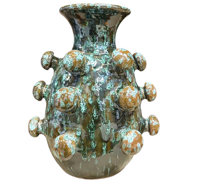 Handmade ceramic vase with spherical structure – brown / green – 26 cm high