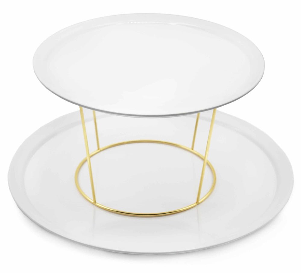 Borden verhoger met 2 witte melamine borden – Ø 30 en 45 cm, standaard goud