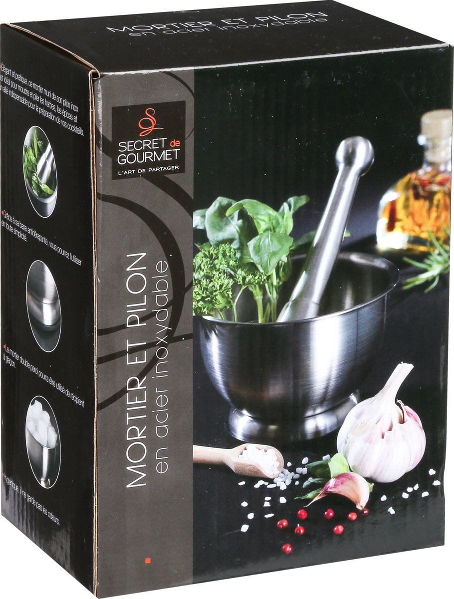 Secret de Gourmet vijzel met stamper van RVS – kruidenmaler, Ø 12 x 8 cm – foto 2