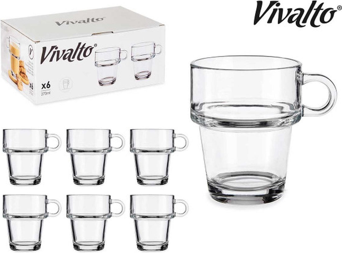Vivalto thee- en koffieglazen met oor – set van 6, 27 cl, stapelbaar
