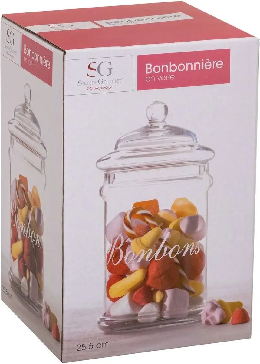 Secret de Gourmet glazen snoeppot met deksel – 2 liter, opschrift Bonbons