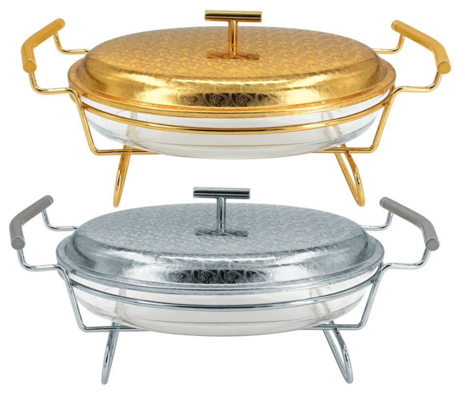 Warmhoudschaal buffet (chafing dish) – 2,4 liter, glazen schaal, zilver of goud