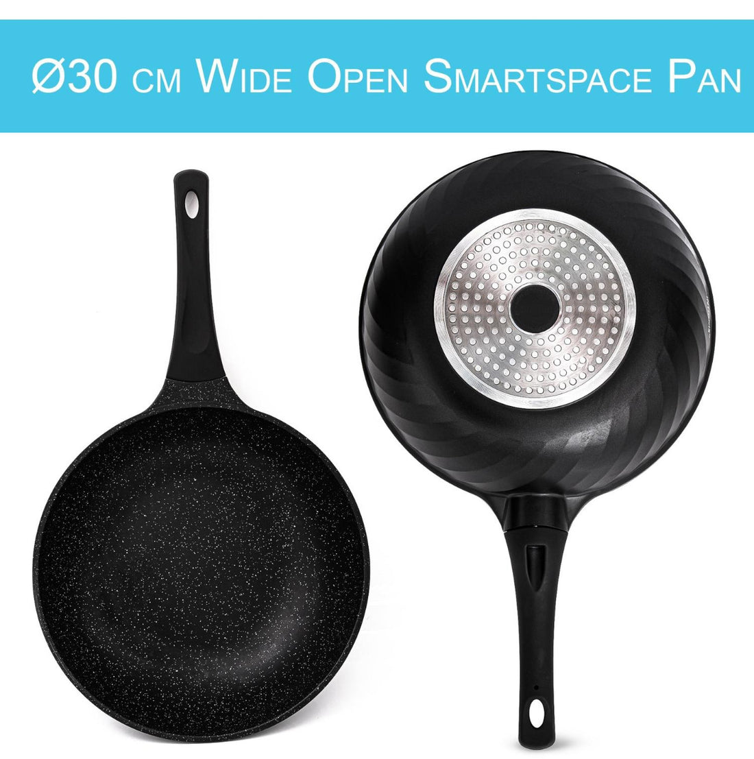 Marmor-beschichteter Wok für Induktion - mit Glasdeckel - Schwarz - 30 cm