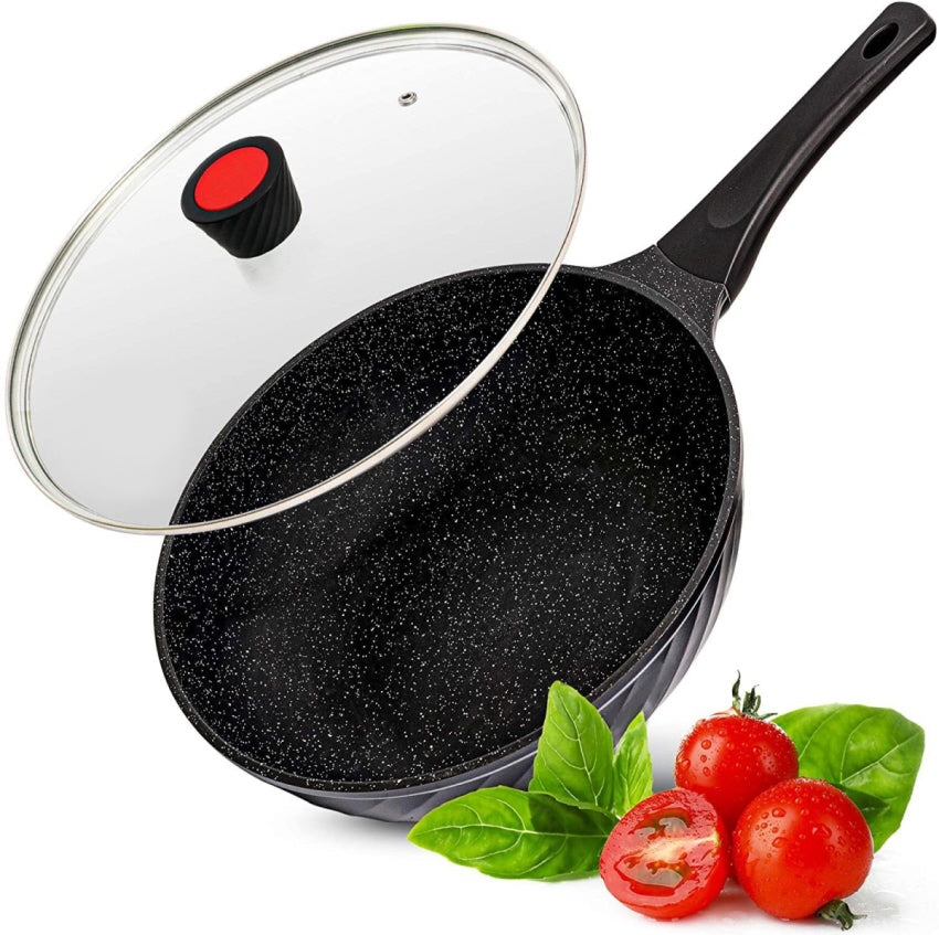 Marmor-beschichteter Wok für Induktion - mit Glasdeckel - Schwarz - 30 cm