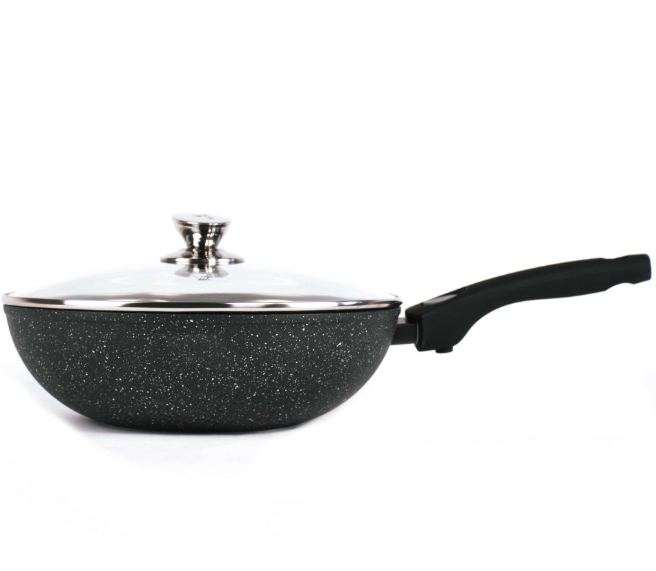 Marmor-Beschichtung Wokpfanne Induktion - mit Glasdeckel - Schwarz - 28 cm