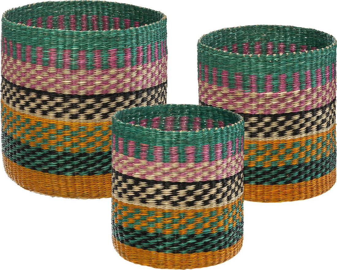 Set de 3 paniers de rangement uniques en jonc de mer multicolore