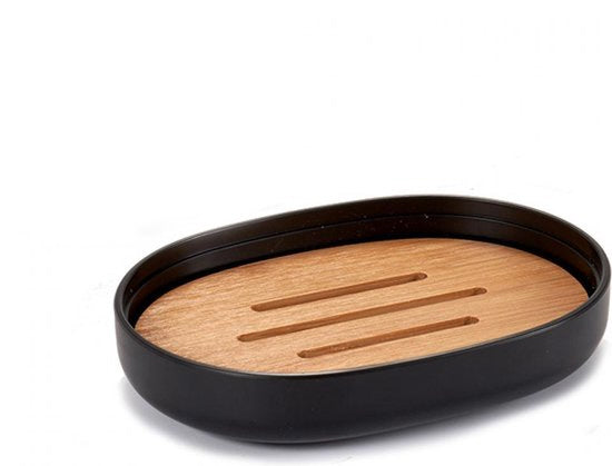 Porte-savon noir avec couvercle en bambou