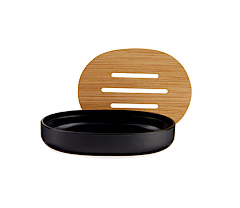 Porte-savon noir avec couvercle en bambou