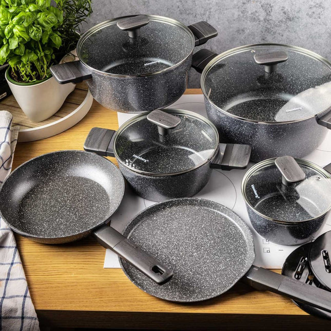 12-Piece Marble Cookware Set in Grey - Complete and Functional Cookware with Glass Lids