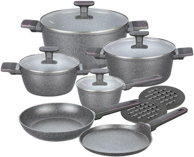 12-Piece Marble Cookware Set in Grey - Complete and Functional Cookware with Glass Lids