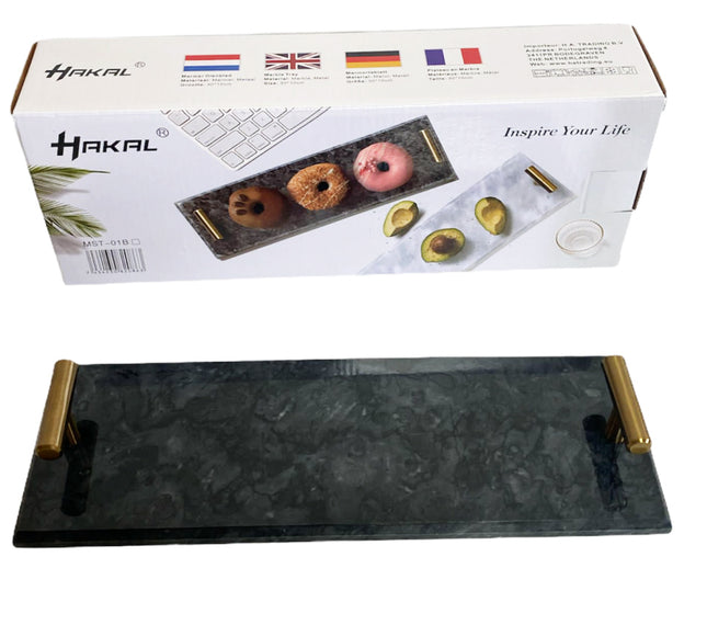 Marmeren dienblad met gouden hendels 40 x 14 cm zwart / wit