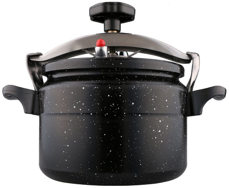 Black 10-litre pressure cooker with non-stick marble coating.