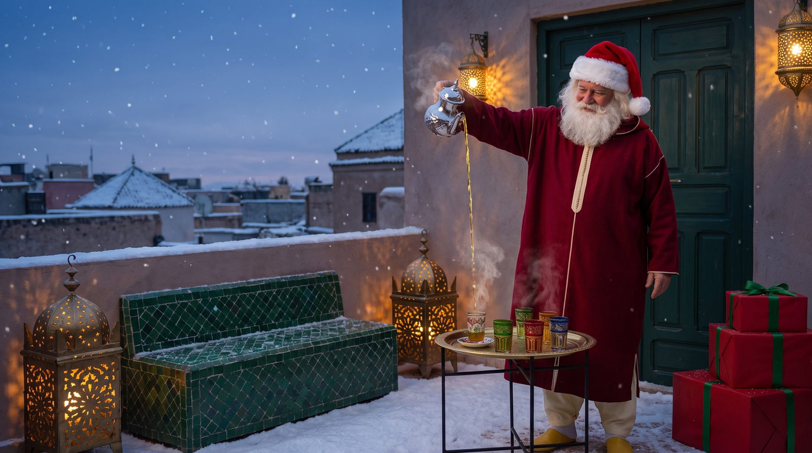 Kerstman in een rode Marokkaanse djellaba schenkt muntthee op een besneeuwd dakterras met lantaarns